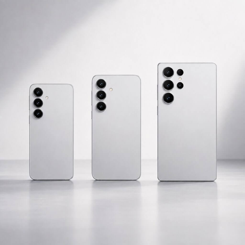 Samsung Galaxy S26, Galaxy S26+ and Galaxy S26 Ultra size comparison showing the differences in dimensions and camera design.