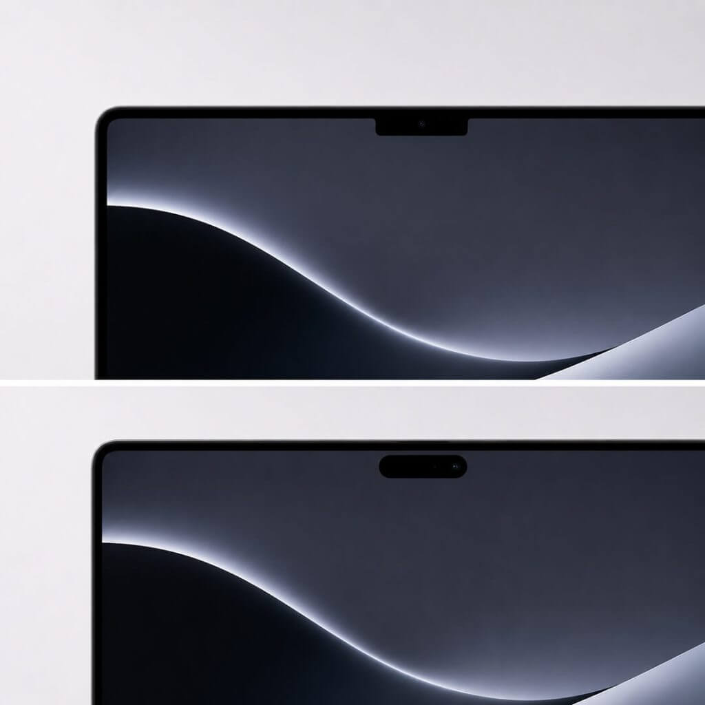 MacBook Ultra 動態島傳聞與現行 MacBook Pro 瀏海設計比較示意