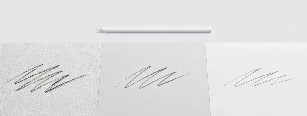 三種不同類紙膜表面的書寫筆觸，由高、中、低摩擦呈現不同阻力感