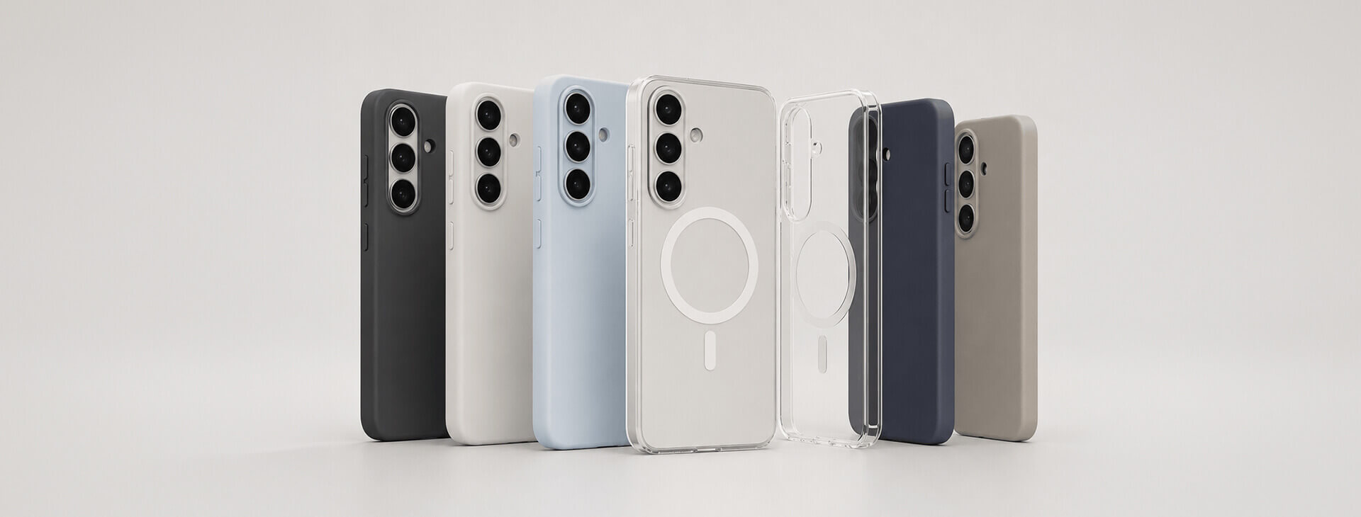 Samsung Galaxy S26 protective case collection featuring silicone, clear MagSafe-compatible and slim cases in multiple colors.