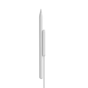 白色 Apple Pencil 第 2 代吸附於磁吸充電座側邊，充電座連接線向下延伸