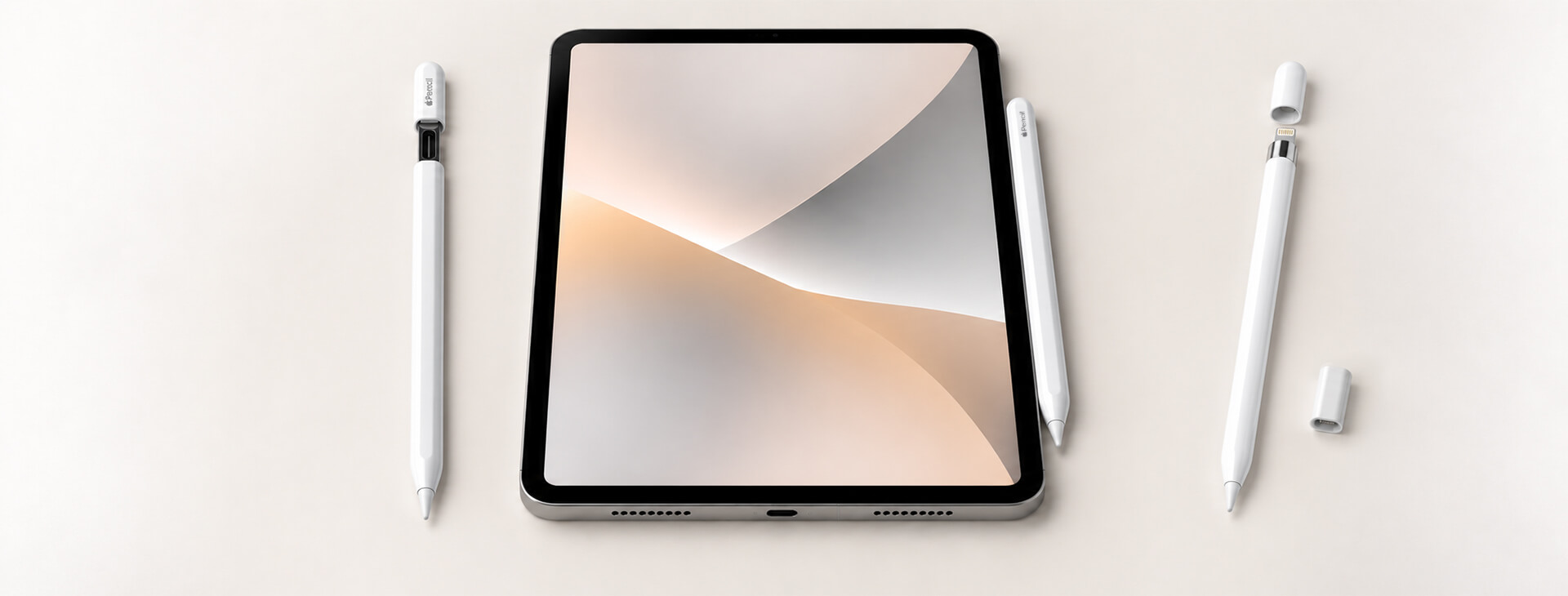 iPad 與多款 Apple Pencil 充電方式示意，包含 USB-C 充電孔、磁吸式 Apple Pencil 與 Lightning 接頭