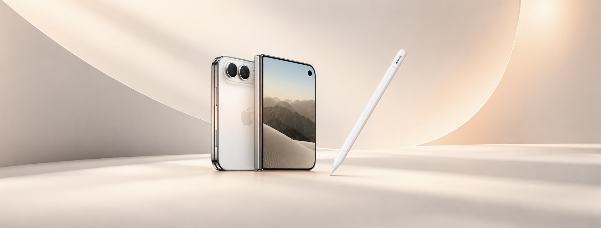 星光白色 iPhone Duo 與已去背的 Apple Pencil（USB‑C）並列
