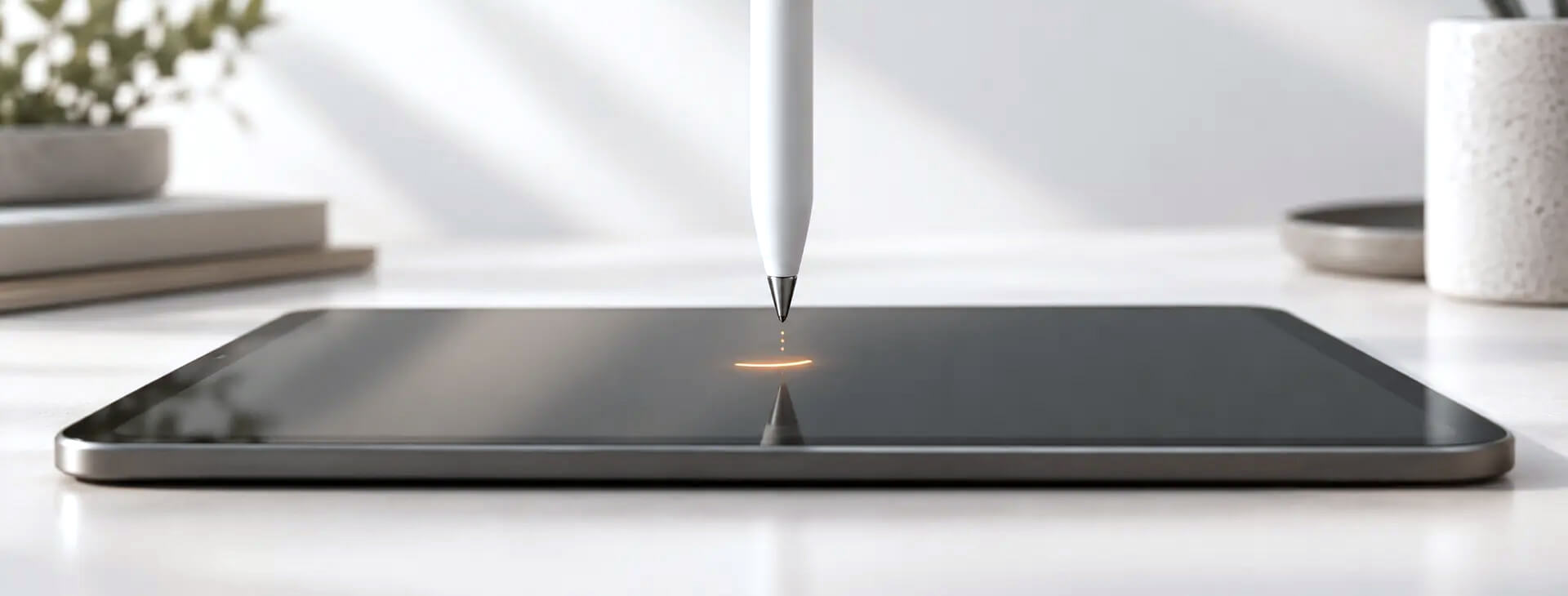 Apple Pencil 金屬筆尖極近距離接近 iPad 螢幕，示意尚未接觸前的近距離感應