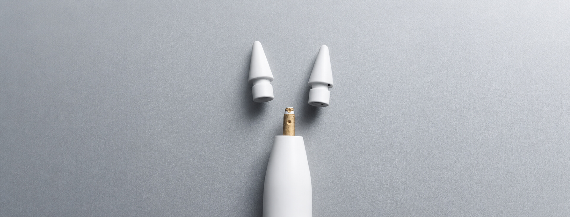 Apple Pencil 筆身與兩個拆卸替換筆尖的近距離特寫
