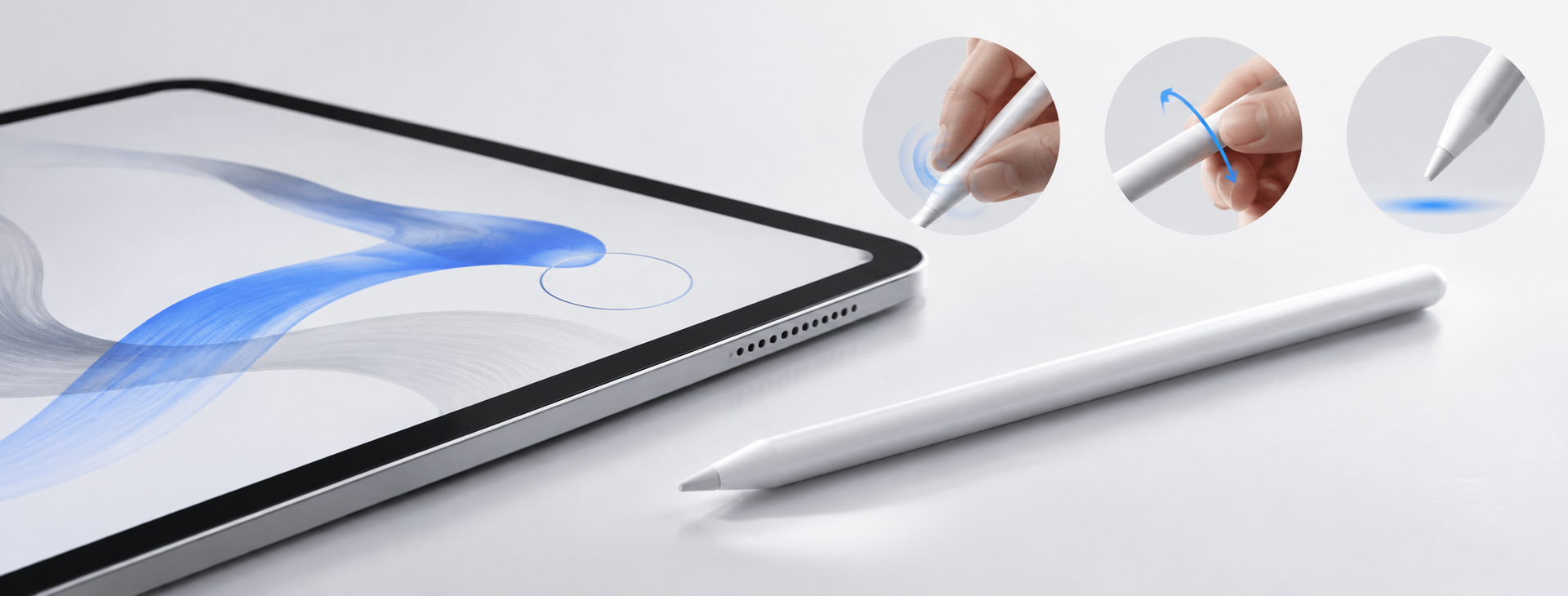 Apple Pencil Pro 搭配 iPad，示意雙指按壓、側轉與懸浮功能