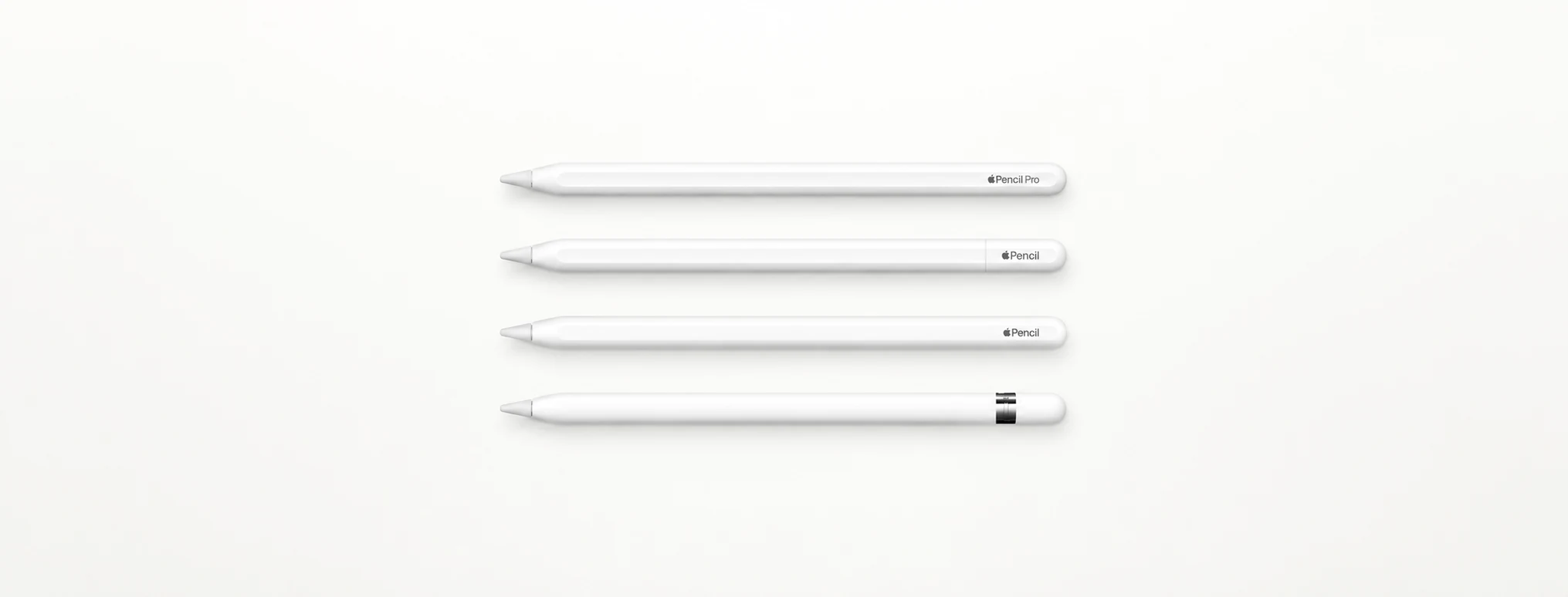 四款 Apple Pencil 並排呈現，包含 Pro、USB-C、第 2 代與第 1 代外觀比較