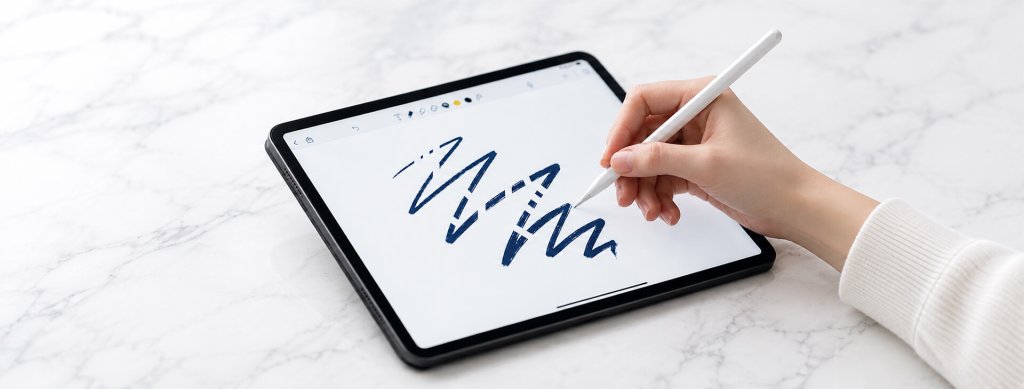 女性使用 Apple Pencil 在 iPad 書寫，螢幕出現不規則線條