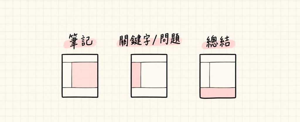 康乃爾筆記三區結構示意圖，左側為提示／問題區、右側為主要筆記區、底部為摘要區