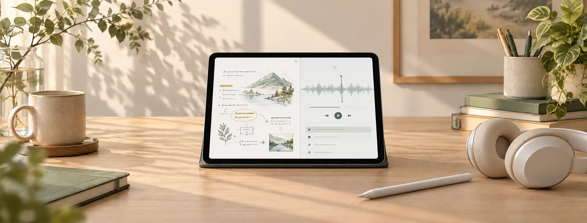 iPad 上的手寫筆記與錄音波形,示意 Goodnotes 錄音筆記與筆記回放功能