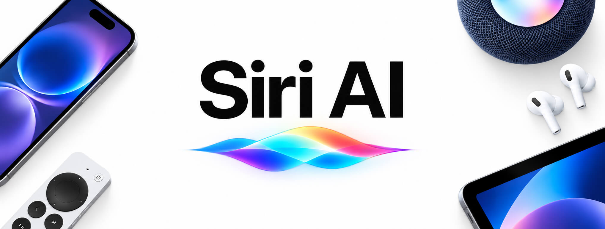 Siri AI 文字與彩色語音波形置中，周圍搭配 iPhone、iPad、智慧音箱、耳機與遙控器