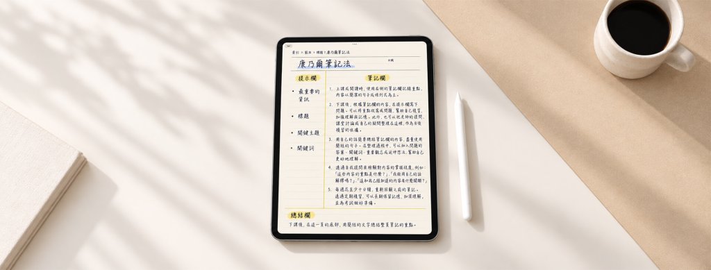 iPad 螢幕顯示康乃爾筆記版面，旁邊放置觸控筆，呈現數位筆記與複習情境