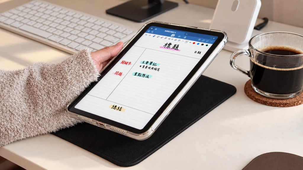 iPad 上使用 Cornell Notes 康乃爾筆記版面進行手寫筆記，畫面可見左側提示區、右側主要筆記區與底部摘要區