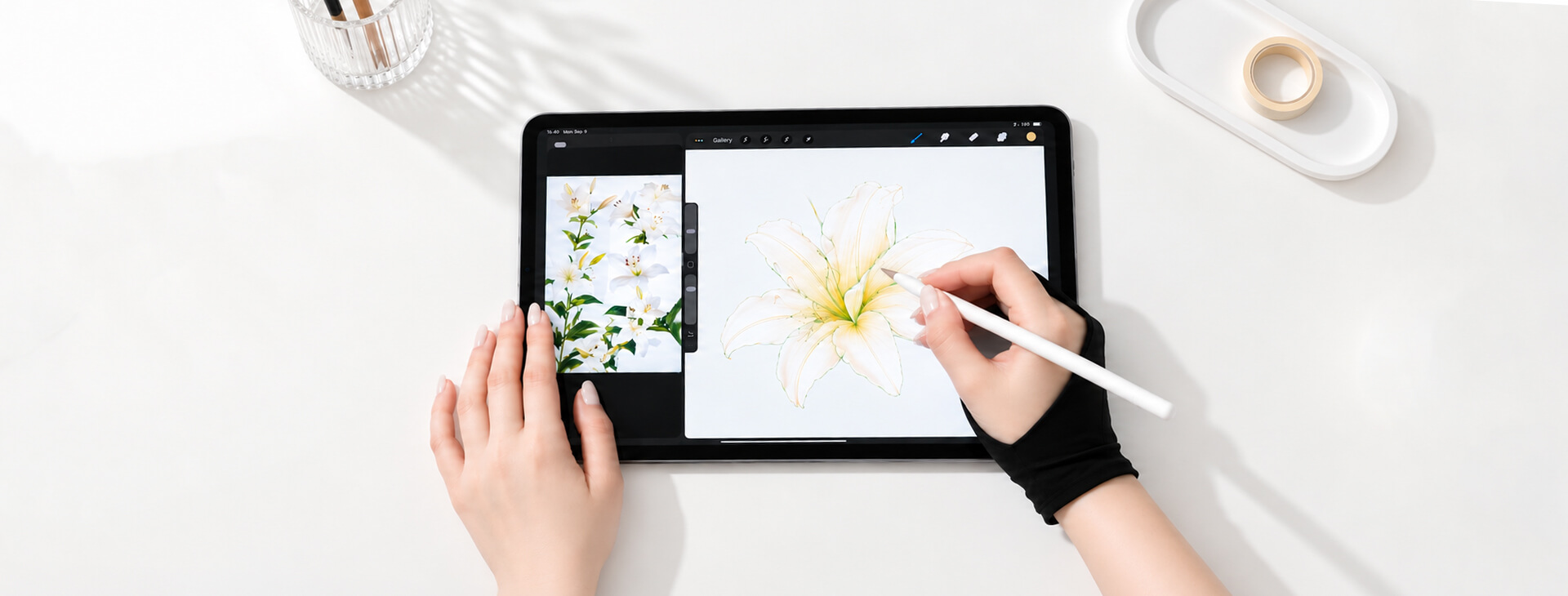 使用 Apple Pencil 在 iPad 上繪圖，搭配類紙膜與防誤觸繪圖手套