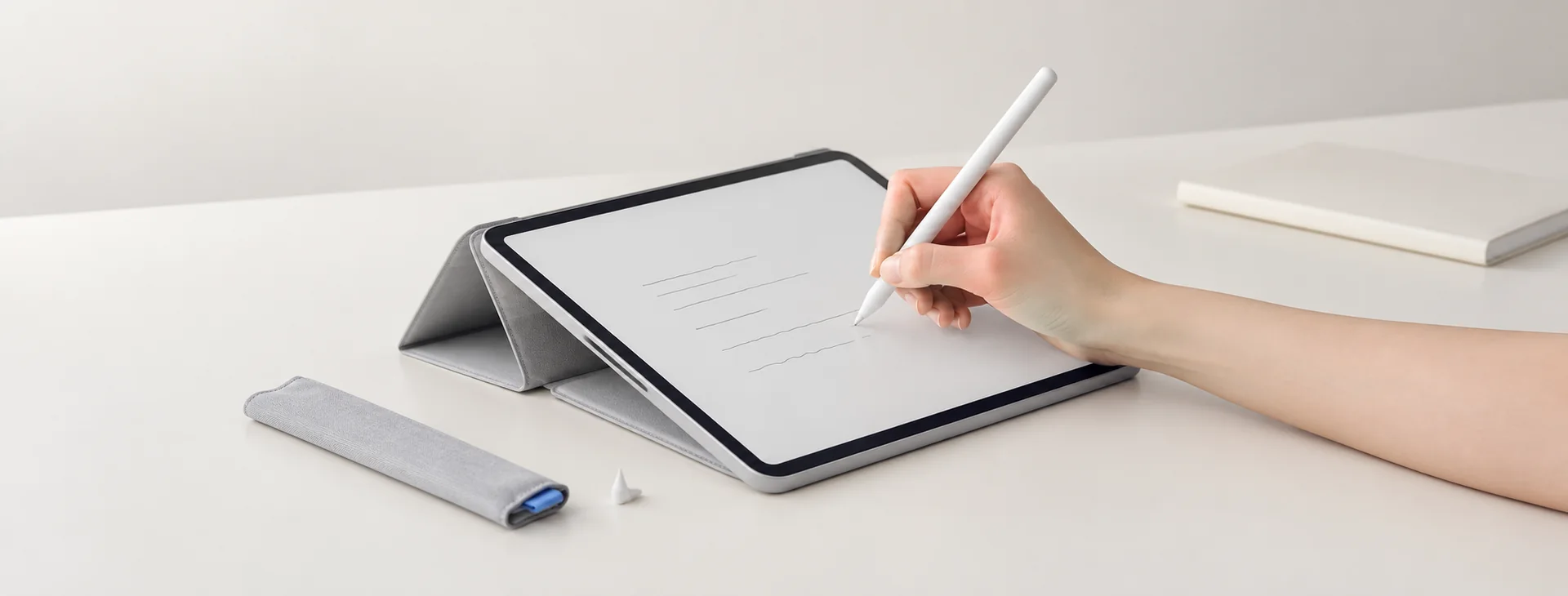 iPad 做筆記配件示意：手持白色觸控筆在有支架的平板書寫，桌旁放著筆套和備用筆尖