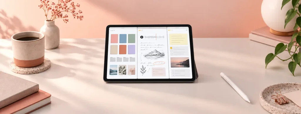 iPad 螢幕顯示三種不同的數位筆記介面，象徵比較 Goodnotes、Notability 與 Apple 備忘錄