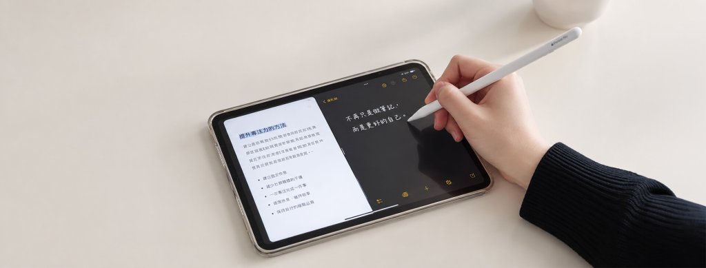 使用者手持 Apple Pencil 在 iPad 分割畫面中書寫筆記