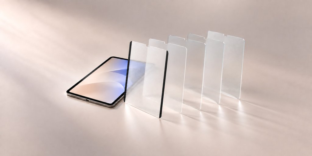 iPad 搭配類紙膜、霧面鋼化膜、高清鋼化膜與 AR 抗反射膜等不同膜面的比較示意