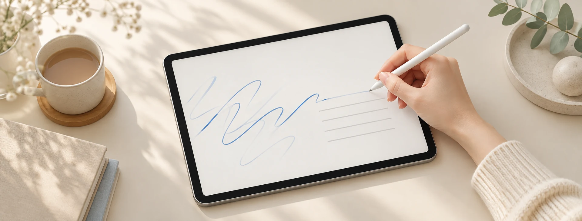 手持 Apple Pencil 在 iPad 書寫,畫面以抽象線條示意手寫轉文字