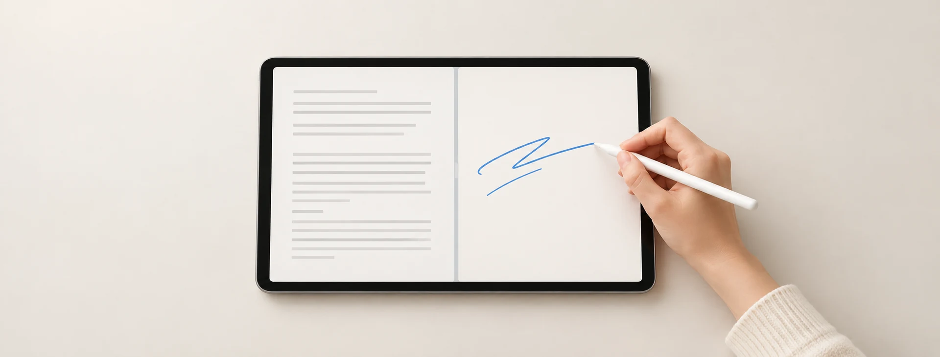iPad 左右並排顯示教材與筆記，手持觸控筆在筆記區書寫