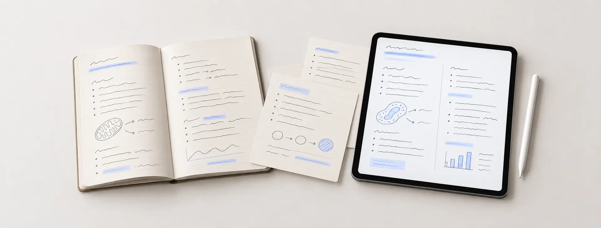 攤開的紙本筆記與 iPad 數位筆記並排，呈現從紙本掃描整理到數位化的過渡流程