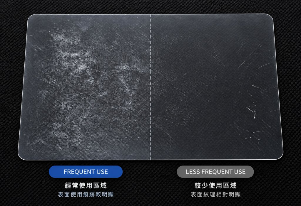 類紙膜經常使用區域與較少使用區域的表面磨耗狀態比較