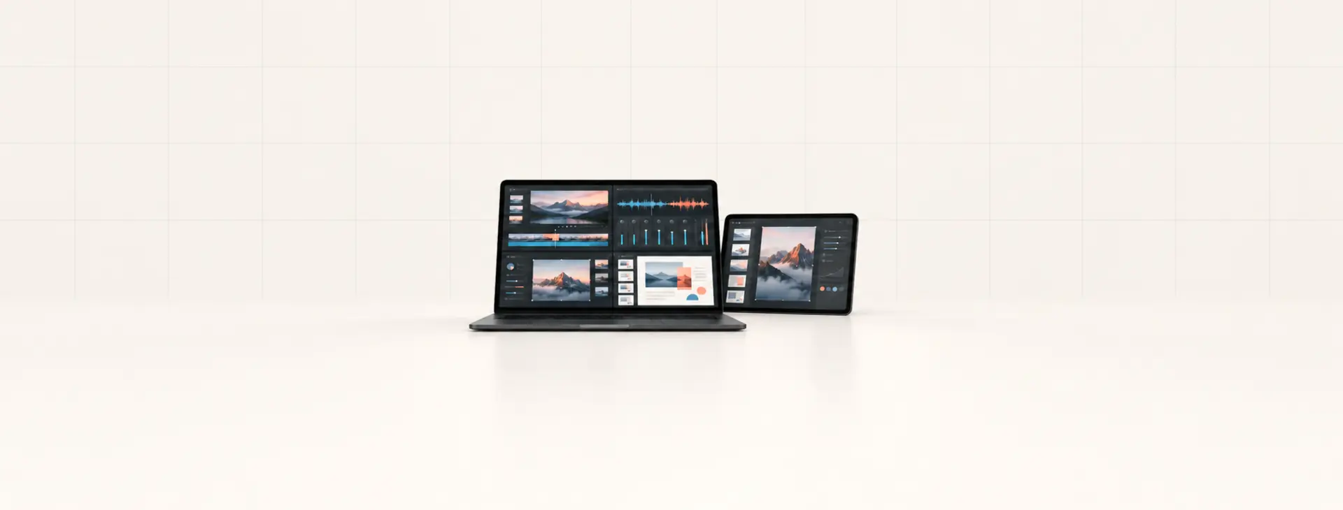 Apple 創作坊 2026 更新示意:筆電與平板畫面呈現影片、音訊、影像與簡報工具