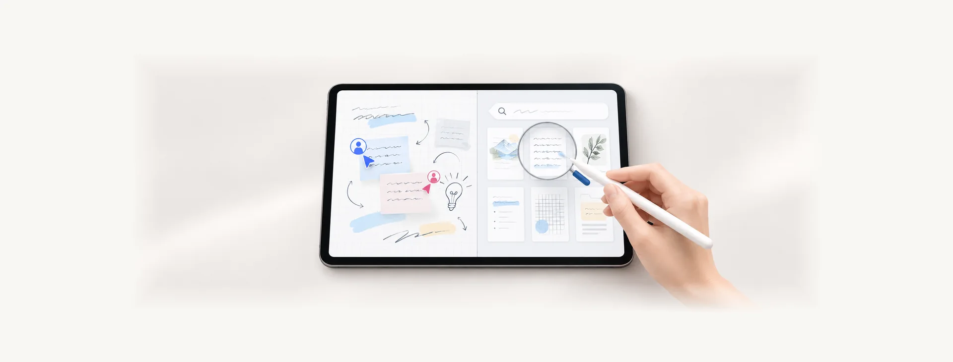CollaNote 與 Goodnotes 筆記 App 比較示意圖,平板顯示多人協作手寫與搜尋整理兩種筆記工作流