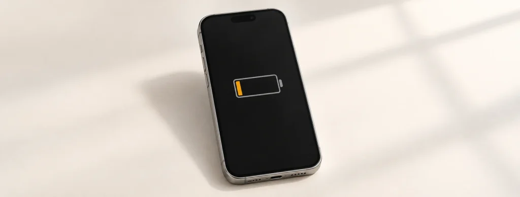 iOS 27.2 更新後耗電排查示意：手機螢幕顯示低電量電池圖案