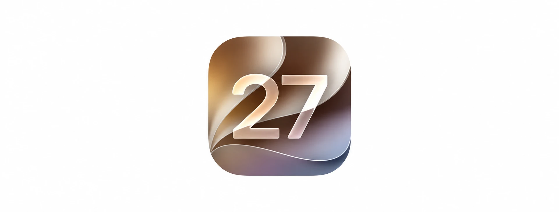 白色背景中央的 iOS 27 圓角方形圖標,呈現米金與淡紫色層疊紋理