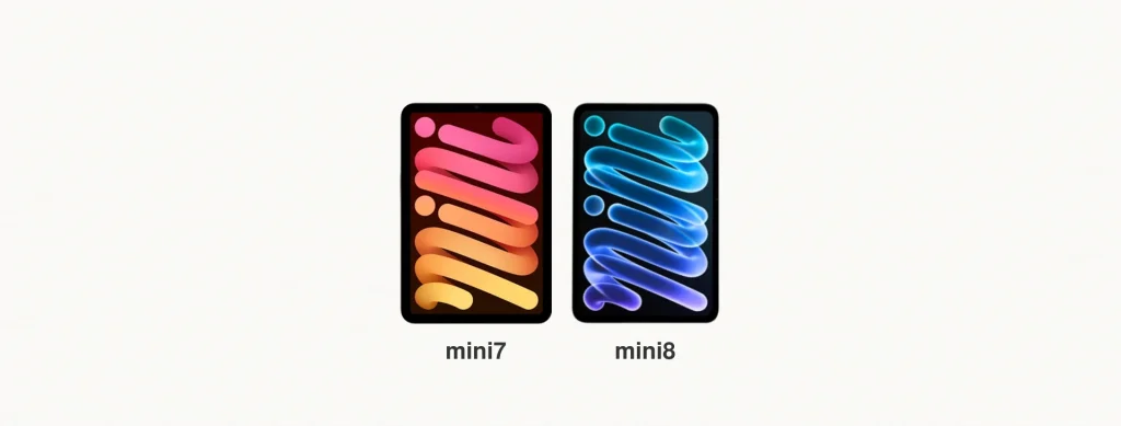 iPad mini 8 vs mini 7 比較：兩台平板平整並排、等高對齊，左側標示 mini7，右側標示 mini8，無手部。