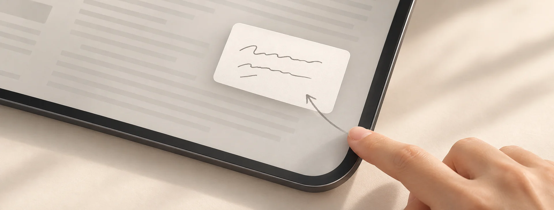 iPad 快速備忘錄角落手勢概念圖:手指從平板右下角向內滑動,開啟浮動筆記視窗