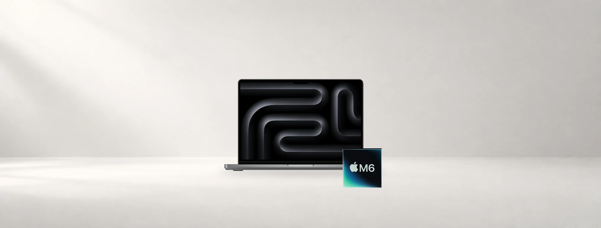暖白背景中央展示 Apple 官方銀色 14 吋 MacBook Pro 產品圖，右下搭配官方 M6 晶片圖像