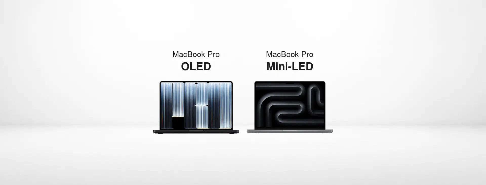 MacBook Pro OLED 與 Mini-LED 筆電正面並列,左為 OLED、右為 Mini-LED