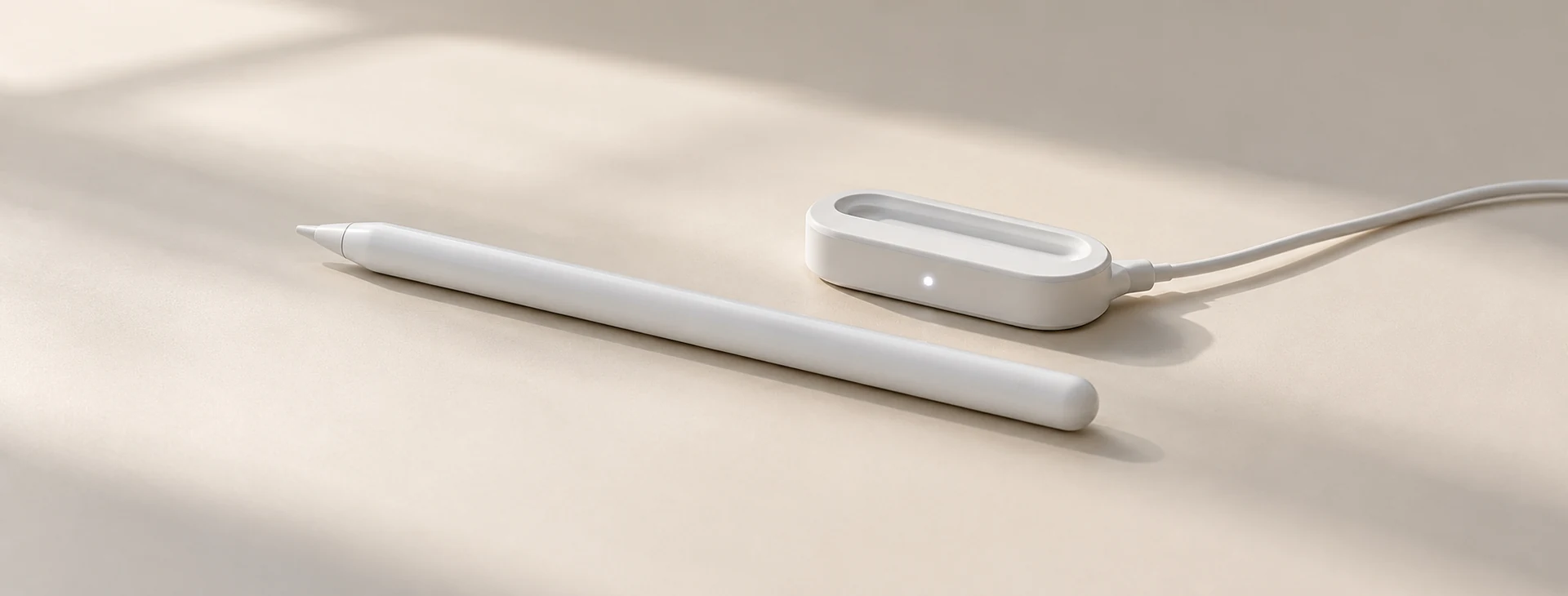 白色 Apple Pencil 造型觸控筆與 USB-C 磁吸充電配件，示意 Apple Pencil 第 2 代外接充電座排查