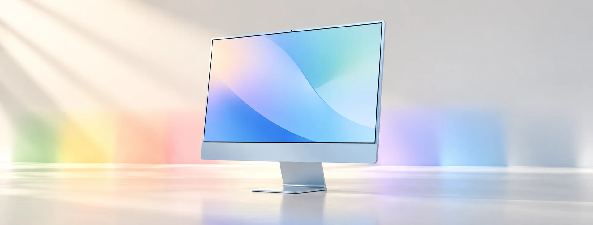 2026 M6 iMac 新品報導的極簡一體式電腦與柔和七彩背景概念主圖，非 Apple 官方產品照片