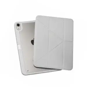 PingGO 極光 Y 折系列灰色 iPad 保護殼，展示 Y 折面板、清透背板與內置筆槽