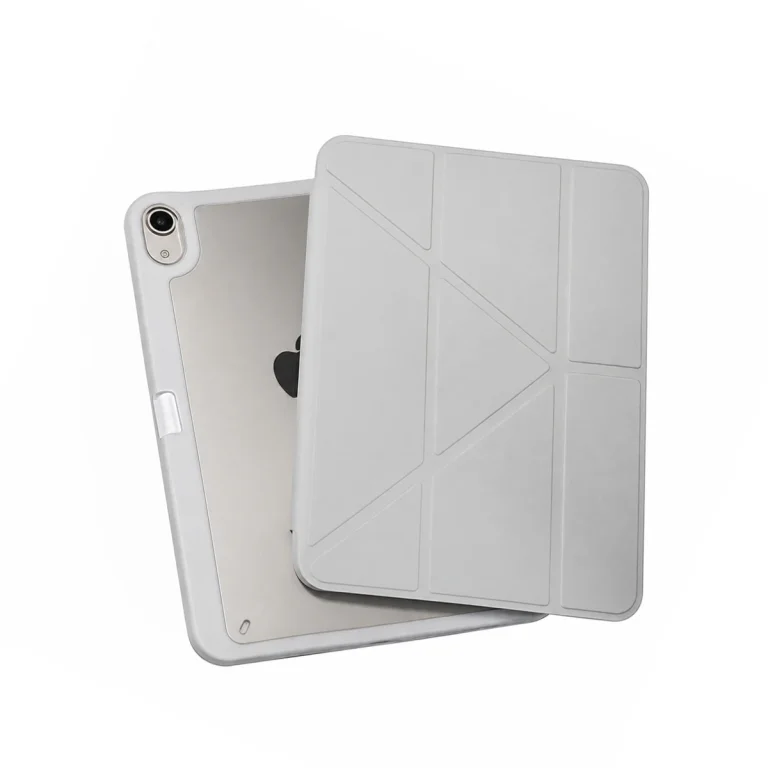 PingGO 極光 Y 折系列灰色 iPad 保護殼，展示 Y 折面板、清透背板與內置筆槽