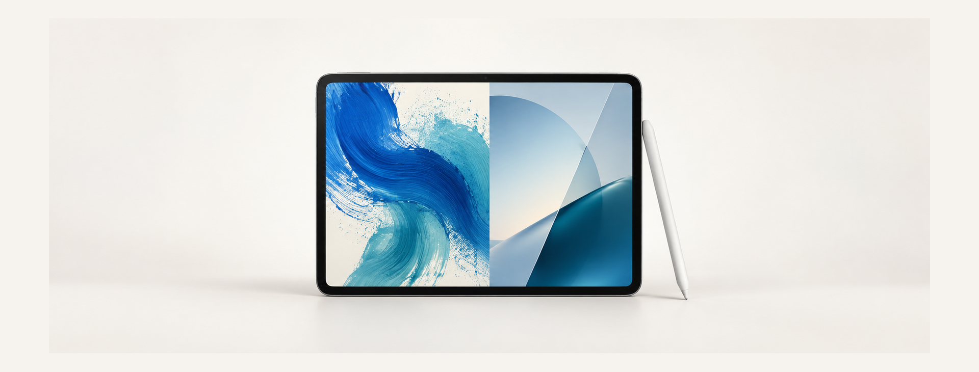 iPad 畫面以抽象筆觸與圖層構圖呈現 Procreate 與 Photoshop 工作差異